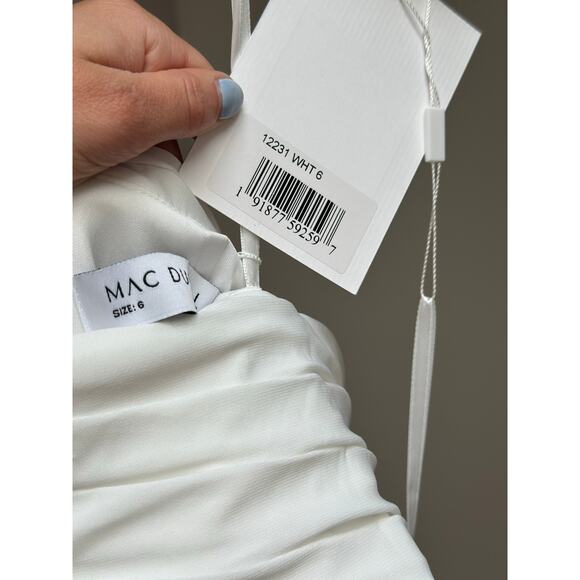 NEW Mac Duggal 12231 White Beaded Cuff Drop Shoulder Faux Wrap Gown size 6 - Picture 8 of 11